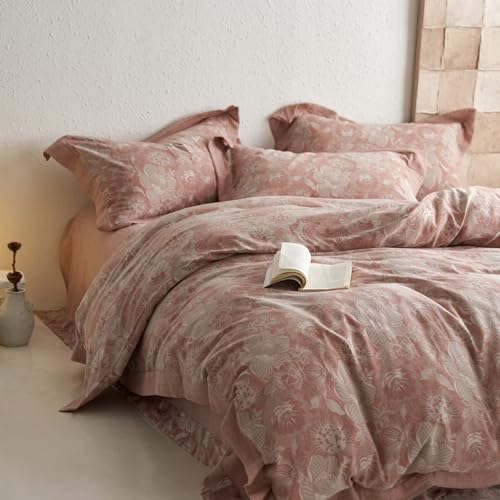 mixinni Duvet Cover Queen Premium Cotton DoubleLayer Yarn Pink Floral Jacquard Comforter Cover with Edge Design Farmhouse Bedding Set with 2 Pillowcases Perfect for Him and HerQueen Size - Image 3