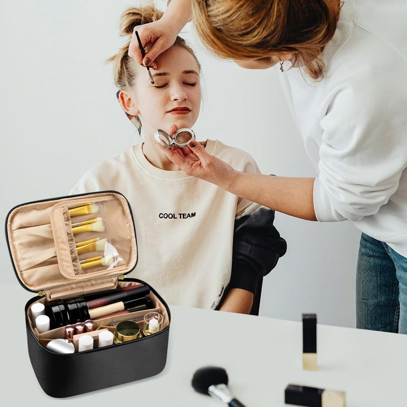 HCFGS حقيبة مكياج، حقيبة مستحضرات تجميل سفر مزدوجة الطبقات مقاومة للماء مع حجرة للفرش ومرآة، منظم أدوات تصفيف الشعر محمول بسعة كبيرة، أسود، كاجوال - Image 3