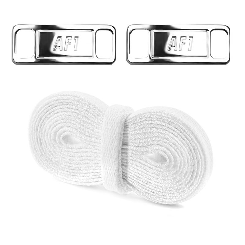 YLOKO Flat Shoelaces for Air Force 1 Sneakers with AF1 Charms, 47â€ Original Replacement Shoe Laces for Men Women - White laces + Bright Silver Tags - Image 1