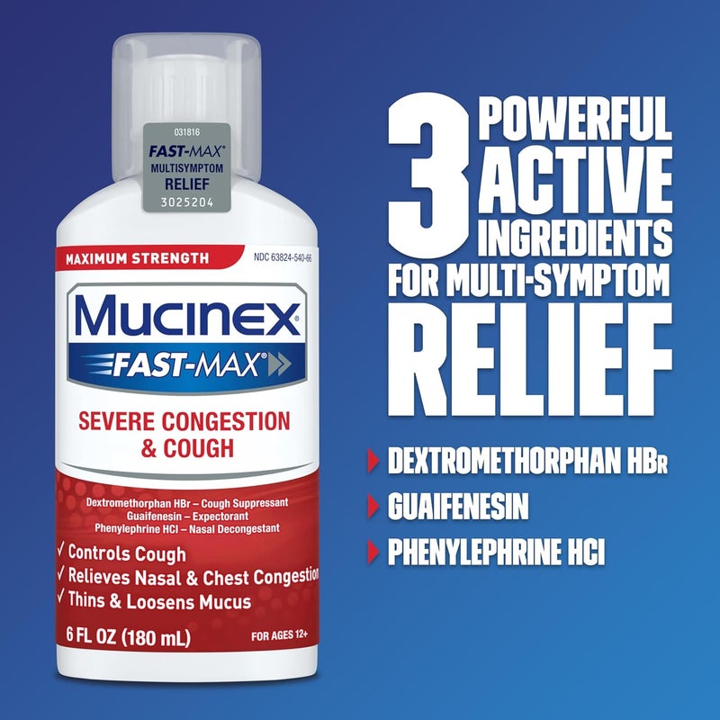 MUCINEX دواء كحة فاست ماكس للاحتقان الشديد قوة قصوى تخفيف الأعراض دواء بدون وصفة طبية دواء للبرد مثبط للسعال طارد للبلغم مزيل للاحتقان الأنفي 6 أونصة سائلة - Image 5