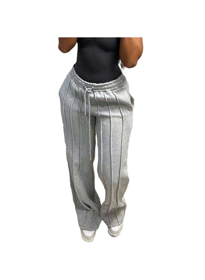 European And American Style Women's Popular Casual Work Clothing Pure Color Lace-up Multi-pleated Long Loose Sweatshirt Casual Pants
