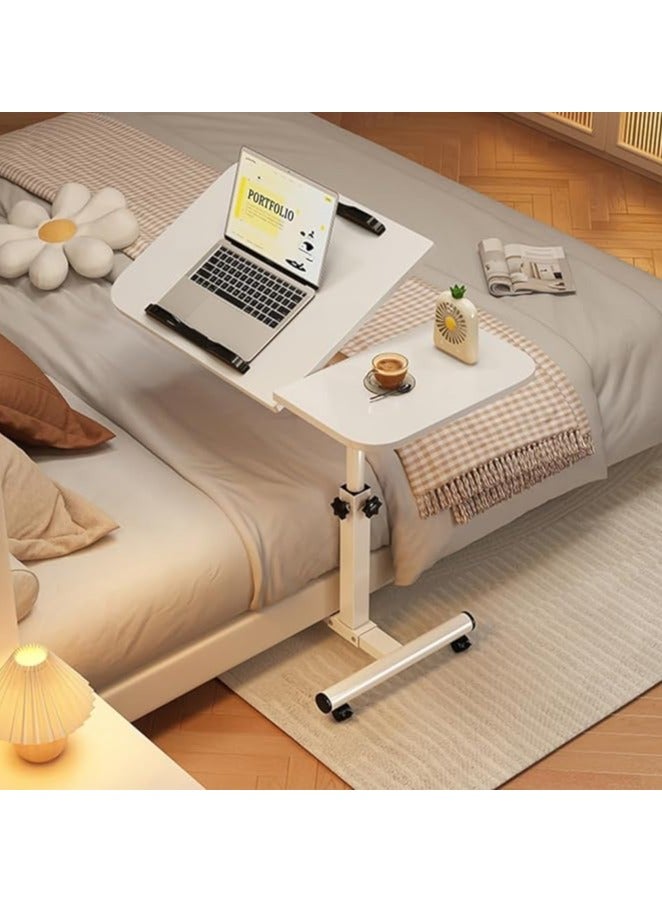 Lifting and Rotating Laptop Desk for Home and Office, C Shape Side Table Adjustable Height Bed End Table with Rollers, Mobile Laptop Computer Standing Desk Cart (White 60x40x59 cm)