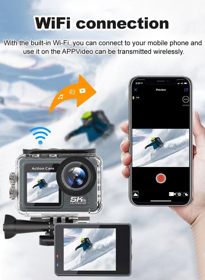 Sango 5K 30FPS Action Video Cam with Dual Touch Screen Anti-shake WIFI Sports DV Cam Diving Mini DV Camera 170° Wide Angle, WiFi Remote Control, 30M Waterproof, EIS Stabilization with 128G Card - Image 2