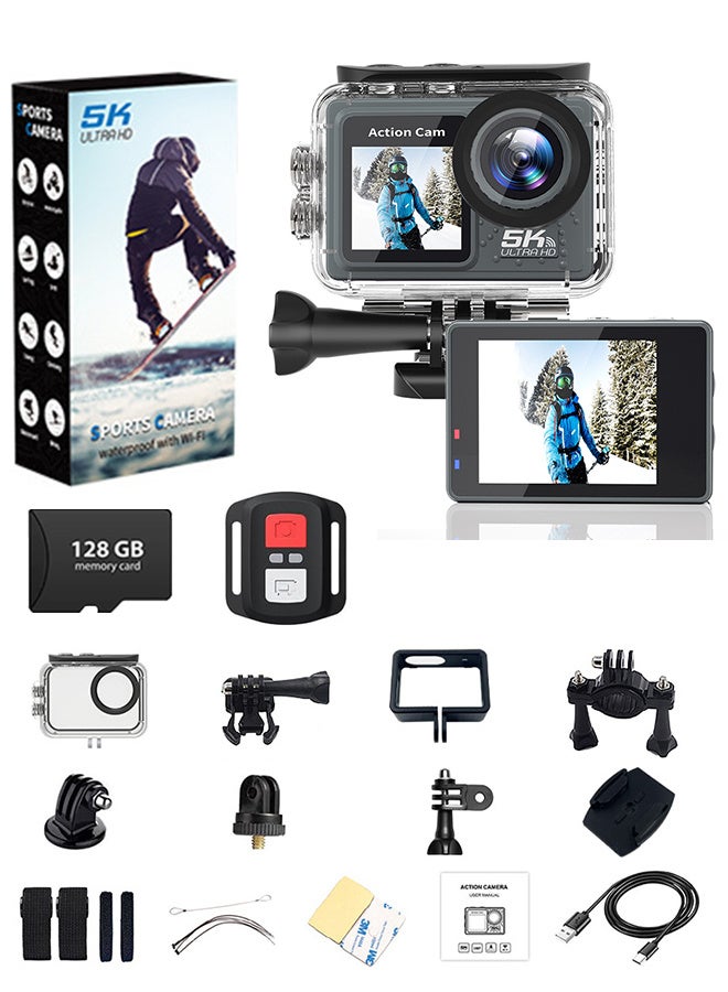 Sango 5K 30FPS Action Video Cam with Dual Touch Screen Anti-shake WIFI Sports DV Cam Diving Mini DV Camera 170° Wide Angle, WiFi Remote Control, 30M Waterproof, EIS Stabilization with 128G Card - Image 1
