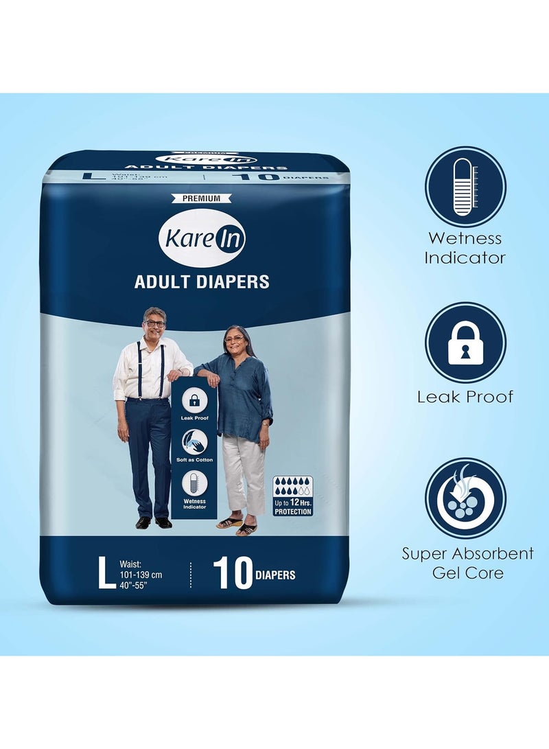 Kare In Kare In Adult Diaper Tape Style Large Waist Size 101-139cm (40"-55") 10 Pieces | Leak Proof | Wetness Indicator | High Absorbency Upto 12 Hours Protection | Re-Fastenable Tapes | Unisex Diaper  - Image 2