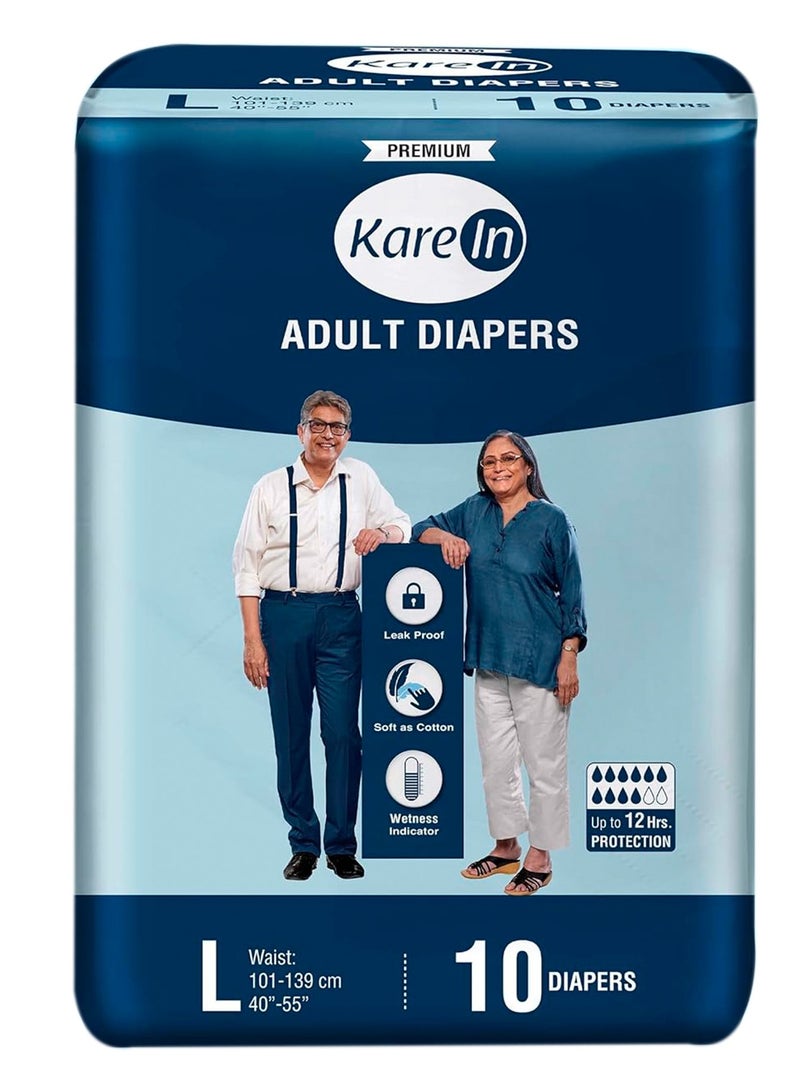 Kare In Kare In Adult Diaper Tape Style Large Waist Size 101-139cm (40"-55") 10 Pieces | Leak Proof | Wetness Indicator | High Absorbency Upto 12 Hours Protection | Re-Fastenable Tapes | Unisex Diaper  - Image 1