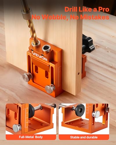 VEVOR Pocket Hole Jig Kit 047 to 189 in Adjustable Jig Pocket Hole System with Step Drill Hex Wrench Drill Stop Ring Square Drive Bit Plugs and Screws Reinforced Metal Frame for Woodworking - Image 3