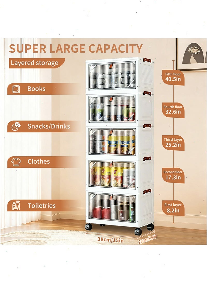 يواوليتي خزانة تخزين ذات 5 طبقات مع عجلات، صندوق تخزين للألعاب، منظم تخزين أرضي، صندوق رف حاويات تخزين مقاوم للغبار لغرفة المعيشة والحمام والمطبخ وغرفة النوم - Image 2
