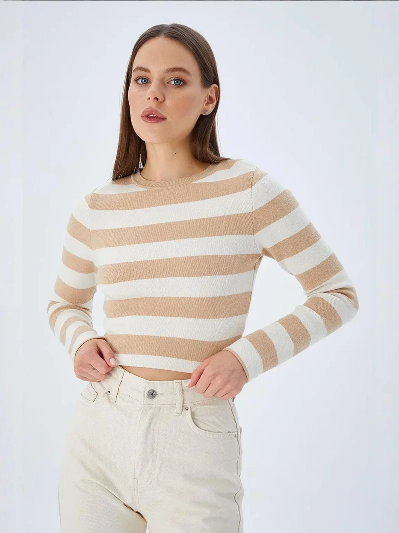Mixray Tan Natural Mixray Striped Knit Sweater for Women | Best Price UAE