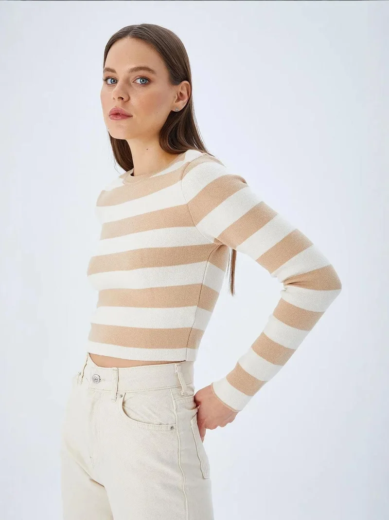 Mixray Tan Natural Mixray Striped Knit Sweater for Women | Best Price UAE