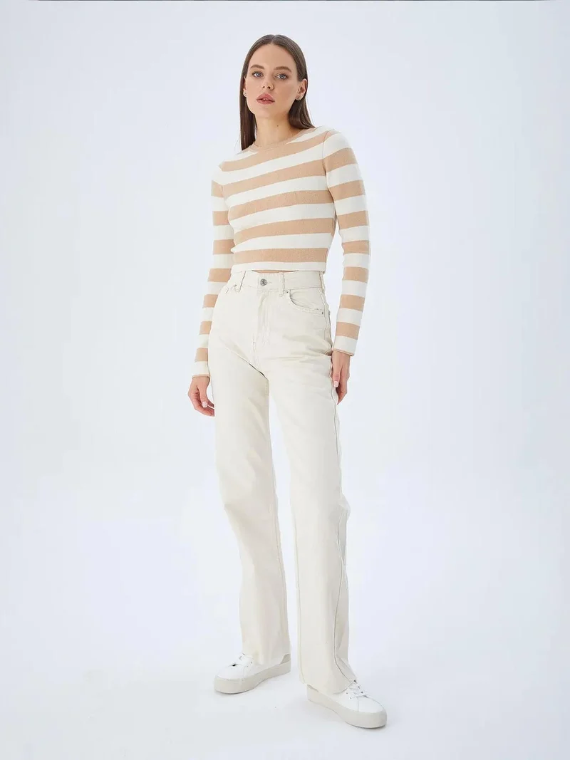 Mixray Tan Natural Mixray Striped Knit Sweater for Women | Best Price UAE