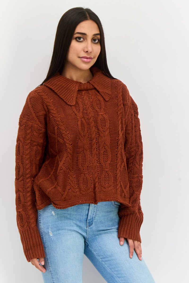 En Saison Women Spread Collar Knitted Sweater, Dark Brown - Image 1