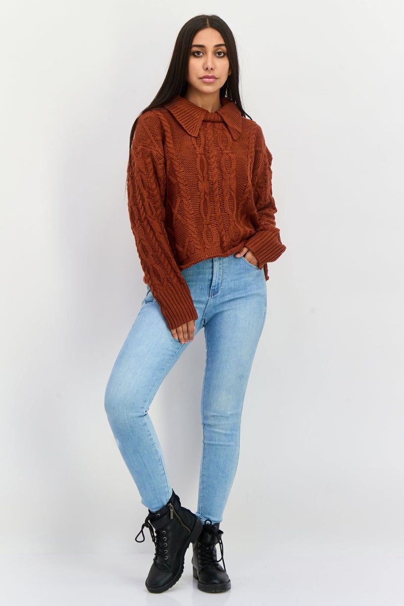 En Saison Women Spread Collar Knitted Sweater, Dark Brown - Image 4