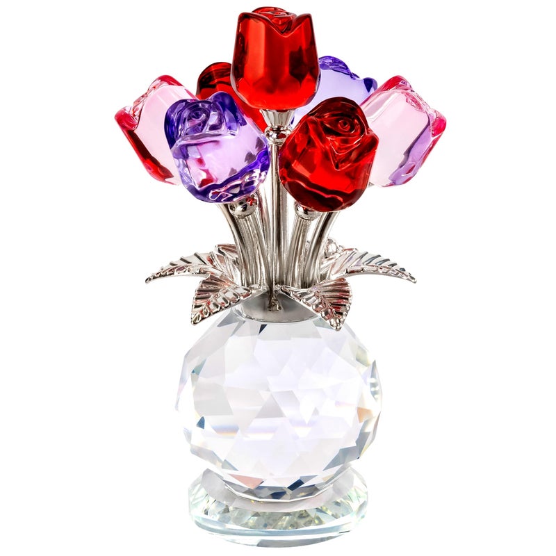 KRISININE 2.8â€˜â€™*4.7â€˜â€™ Crystal Rose Bouquet Flower Figurine Pink Purple and Red Flower Ornaments Valentine's Day Gift for Lover - Image 1