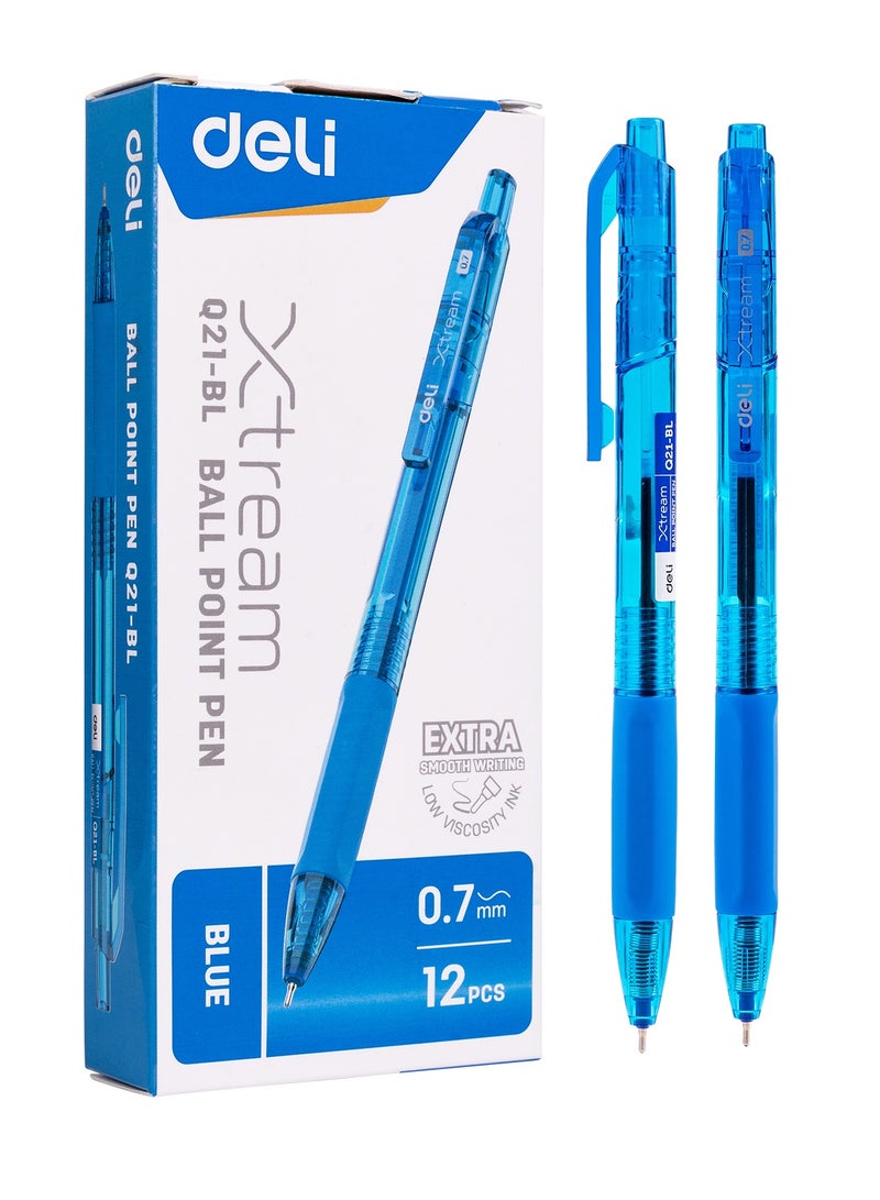 Deli Deli EQ21-BL Ball Point Pen 0.7mm Blue 12 pcs / box – Smooth Writing, Low Viscosity Ink, Comfortable TPR Soft Grip - Image 1