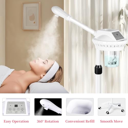 Fuehomue Professional Facial Steamer, Esthetician Steamer on Wheels, Stand Face Steamer for Facial Deep Cleaning and Hydration, Steamer for Facial for Personal Care or Beauty Spa or Salon, White - Image 3