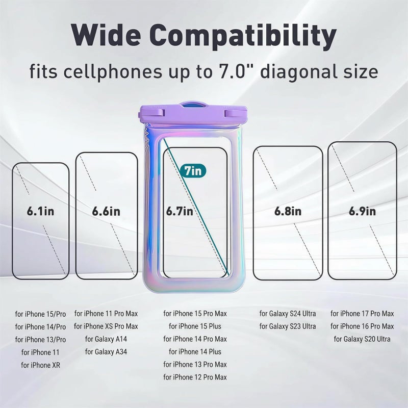 Foweroty Floatable Waterproof Phone Pouch Case for iPhone 17 16 Pro Max/15/14/13/12, IP68 Travel Cellphone Dry Bag Beach Cruise Ship Essentials Bags with Crossbody Lanyard, Iridescent Purple - 7â€³ - Image 2