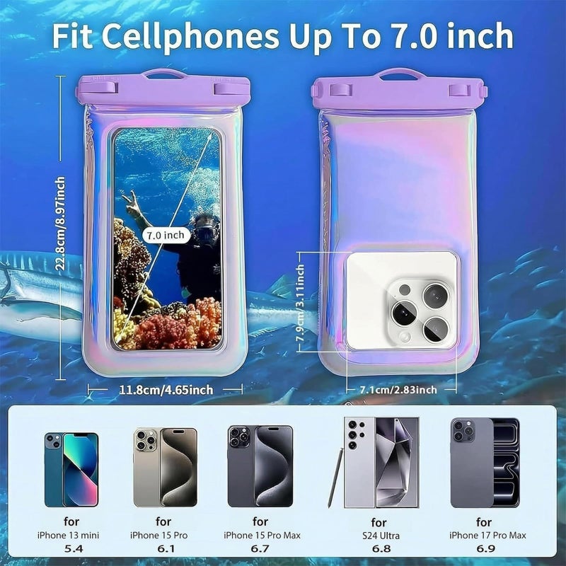 Foweroty Floatable Waterproof Phone Pouch Case for iPhone 17 16 Pro Max/15/14/13/12, IP68 Travel Cellphone Dry Bag Beach Cruise Ship Essentials Bags with Crossbody Lanyard, Iridescent Purple - 7â€³ - Image 3