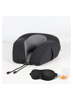 Travel Pillow: 1-Piece Memory Foam Neck Pillow, Light Weight, Comfortable Suitable For Airplane Travel and Gifting With Ear Plugs, Eye Mask, And Luxury Mesh Bag Black/Grey
