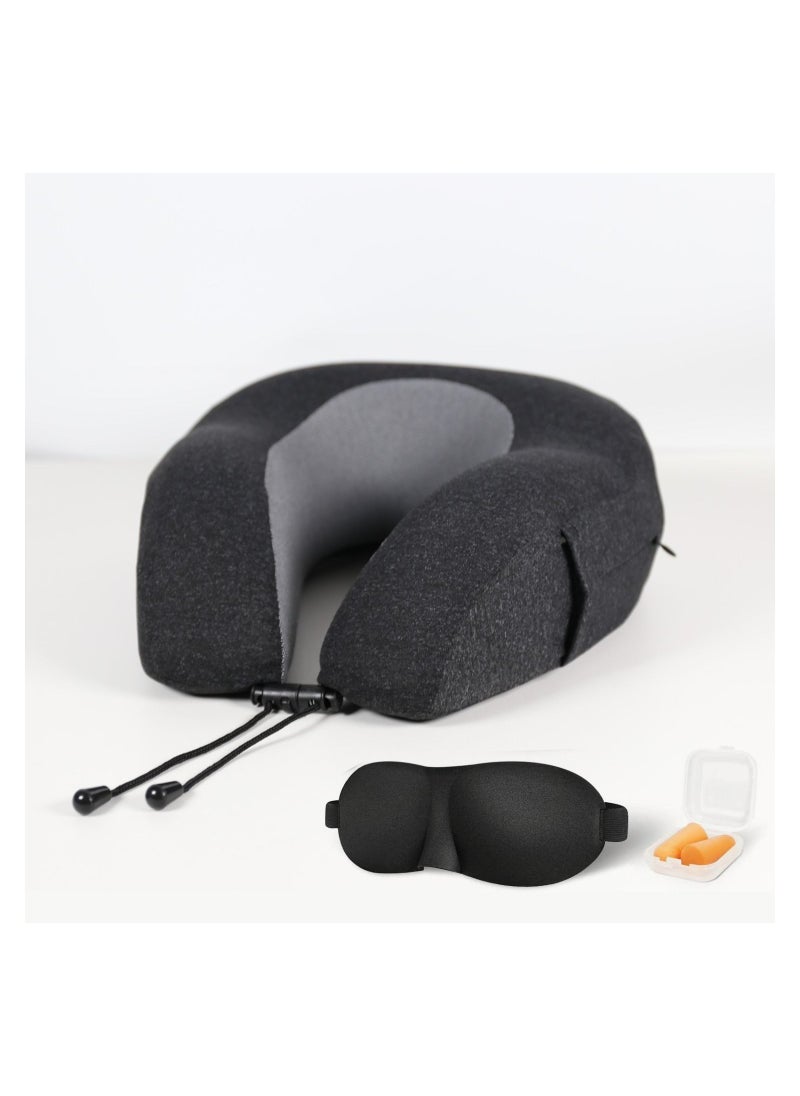 Donetella - Travel Pillow: 1-Piece Memory Foam Neck Pillow, Light Weight, Comfortable Suitable For Airplane Travel and Gifting With Ear Plugs, Eye Mask, And Luxury Mesh Bag Black/Grey - Image 1