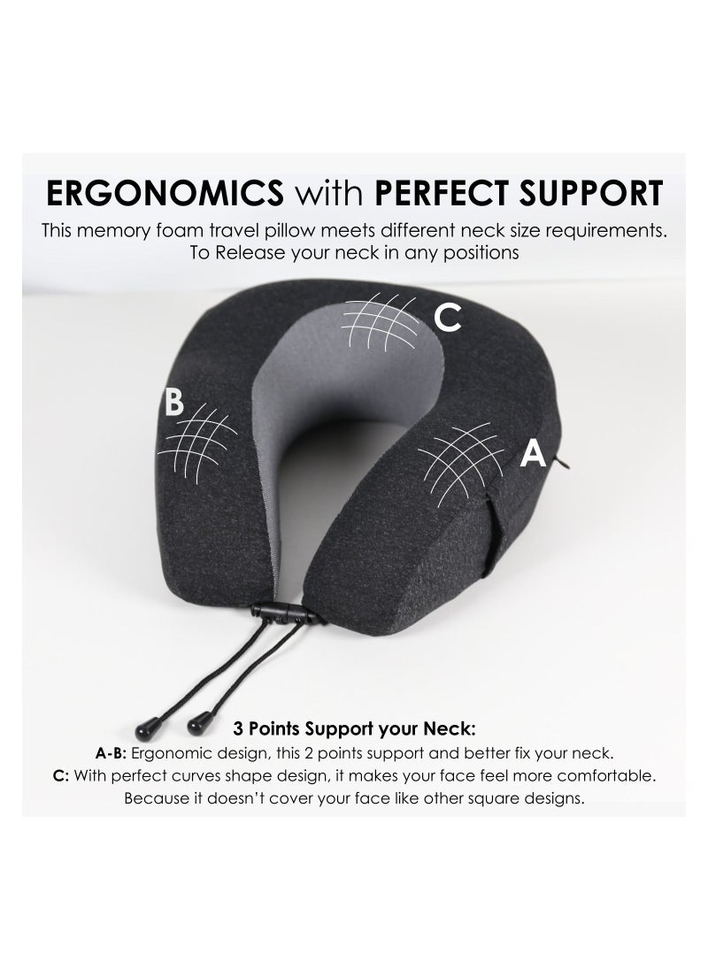 Donetella - Travel Pillow: 1-Piece Memory Foam Neck Pillow, Light Weight, Comfortable Suitable For Airplane Travel and Gifting With Ear Plugs, Eye Mask, And Luxury Mesh Bag Black/Grey - Image 1