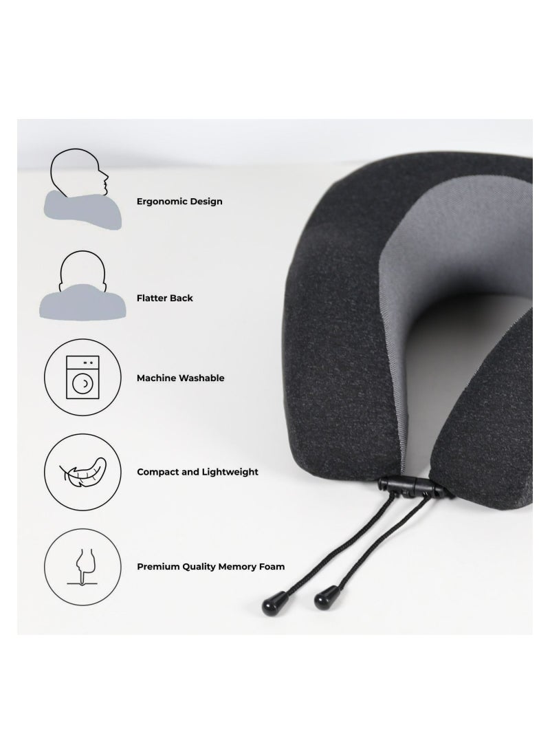 Donetella - Travel Pillow: 1-Piece Memory Foam Neck Pillow, Light Weight, Comfortable Suitable For Airplane Travel and Gifting With Ear Plugs, Eye Mask, And Luxury Mesh Bag Black/Grey - Image 1