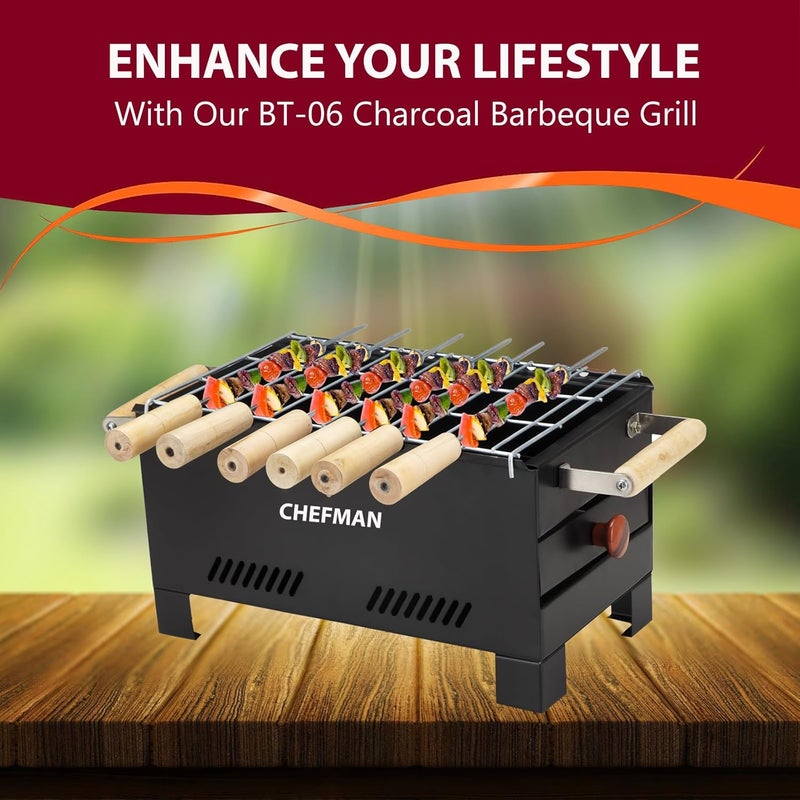 Chefman Charcoal Barbeque | Grill Barbeque | Grill Set for Home | Foldable Charcoal Tandoor | Outdoor BBQ | Grill Chicken Maker | with 6 Skewers with Gloves | Black - Image 3