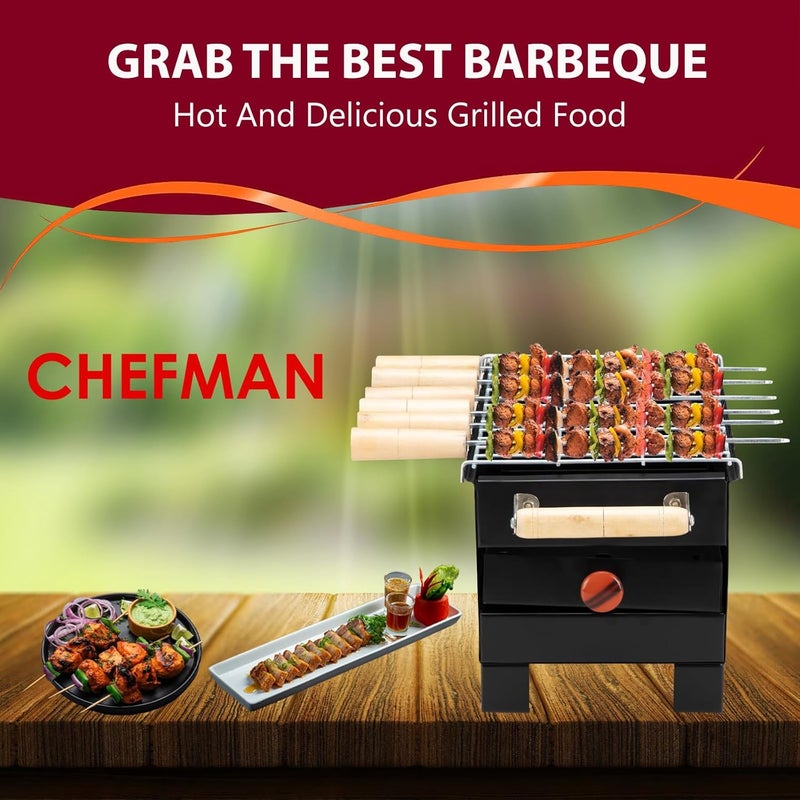 Chefman Charcoal Barbeque | Grill Barbeque | Grill Set for Home | Foldable Charcoal Tandoor | Outdoor BBQ | Grill Chicken Maker | with 6 Skewers with Gloves | Black - Image 4