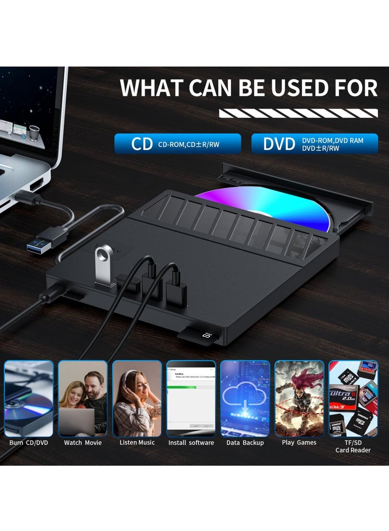 محرك أقراص CD/DVD خارجي للكمبيوتر المحمول، مشغل وحافظ أقراص CD/DVD محمول فائق النحافة بمنفذ USB 7 في 1، محرّك أقراص CD ROM من نوع الفتحة، متوافق مع الكمبيوتر المحمول، ماك بوك، وأنظمة ويندوز 11/10/8/7، ولينكس (أسود) - Image 3