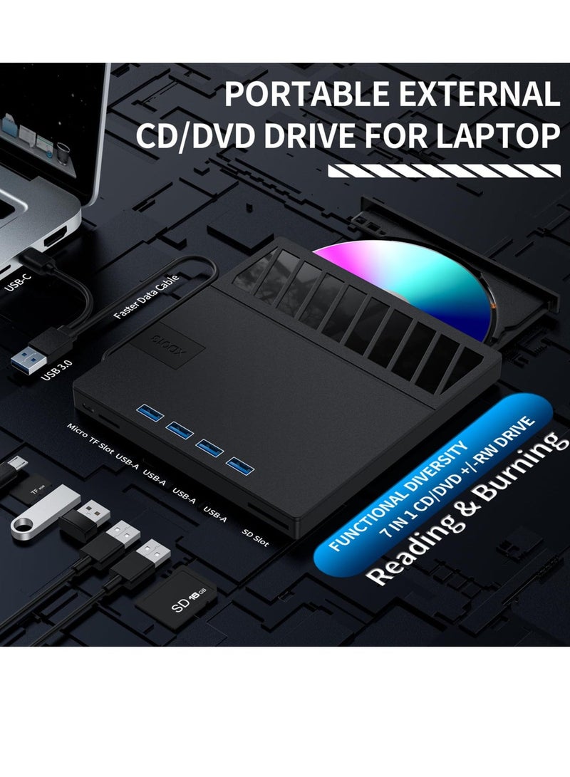 محرك أقراص CD/DVD خارجي للكمبيوتر المحمول، مشغل وحافظ أقراص CD/DVD محمول فائق النحافة بمنفذ USB 7 في 1، محرّك أقراص CD ROM من نوع الفتحة، متوافق مع الكمبيوتر المحمول، ماك بوك، وأنظمة ويندوز 11/10/8/7، ولينكس (أسود) - Image 2