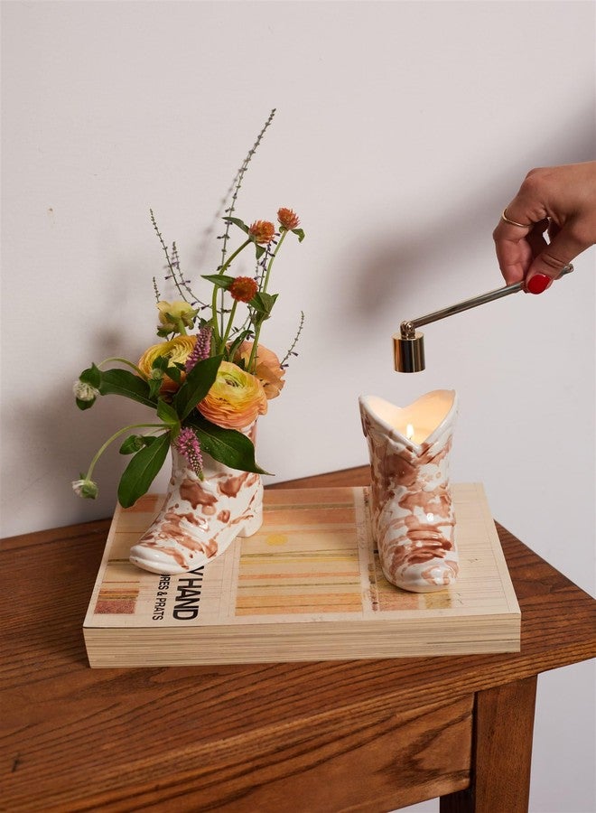 Paddywax 6 OZ. Nashville White Ceramic Cowboy Boot Candle w/Brown Splatter Finish, Warning Label, & DUSTCOVER - Desert Peach - Image 2