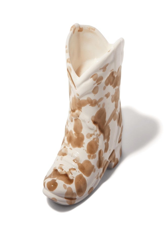 Paddywax 6 OZ. Nashville White Ceramic Cowboy Boot Candle w/Brown Splatter Finish, Warning Label, & DUSTCOVER - Desert Peach - Image 1