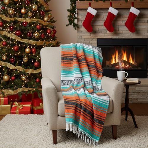 Benevolence LA Authentic Handwoven Mexican Blanket | Yoga Blankets, Outdoor, Picnic, Beach, Camping | Equestrian Saddle | Serape 50x70 inches - Mandarin, Pack of 1 - Image 4
