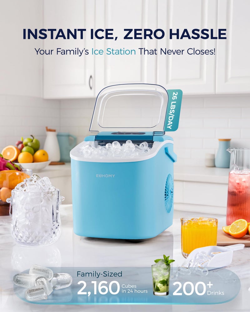 EUHOMY Countertop Ice Maker Machine with Handle, 26lbs Per Day, 9 Ice Cubes Ready in 6 Mins, Auto-Cleaning Portable Ice Maker with Basket and Scoop, for Home/Kitchen/Camping/RV (Blue) - Image 2