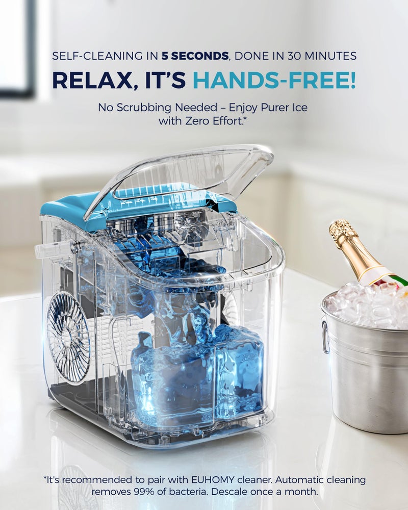 EUHOMY Countertop Ice Maker Machine with Handle, 26lbs Per Day, 9 Ice Cubes Ready in 6 Mins, Auto-Cleaning Portable Ice Maker with Basket and Scoop, for Home/Kitchen/Camping/RV (Blue) - Image 5