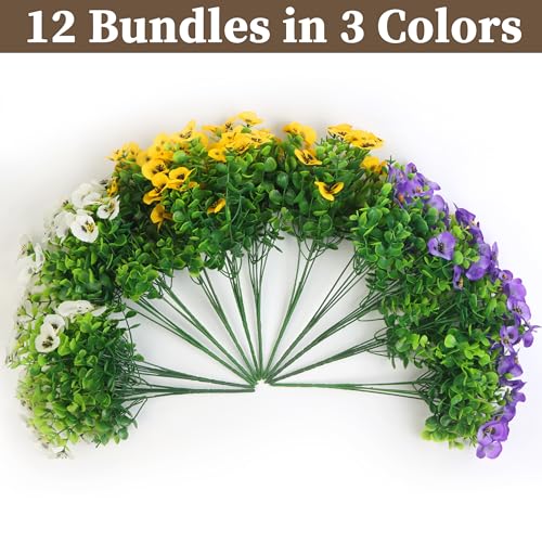 ColoPlay 12 Bundles Artificial Fake Pansy Flowers for Outdoor - Yellow, White & Purple Faux Pansies Flowers, Fake Flowers for Outdoor Planters, Porch, Garden, Window Boxes, and Home Decoration - Image 3