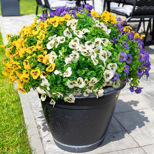 ColoPlay 12 Bundles Artificial Fake Pansy Flowers for Outdoor - Yellow, White & Purple Faux Pansies Flowers, Fake Flowers for Outdoor Planters, Porch, Garden, Window Boxes, and Home Decoration - Image 1