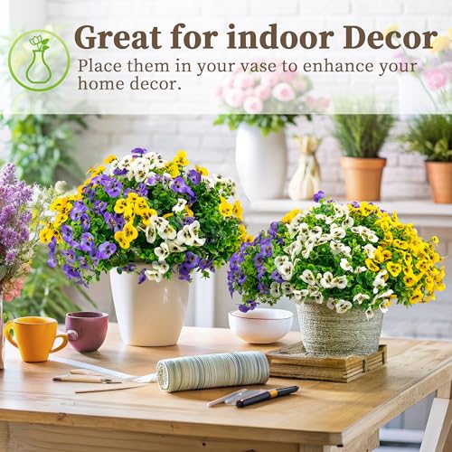 ColoPlay 12 Bundles Artificial Fake Pansy Flowers for Outdoor - Yellow, White & Purple Faux Pansies Flowers, Fake Flowers for Outdoor Planters, Porch, Garden, Window Boxes, and Home Decoration - Image 5