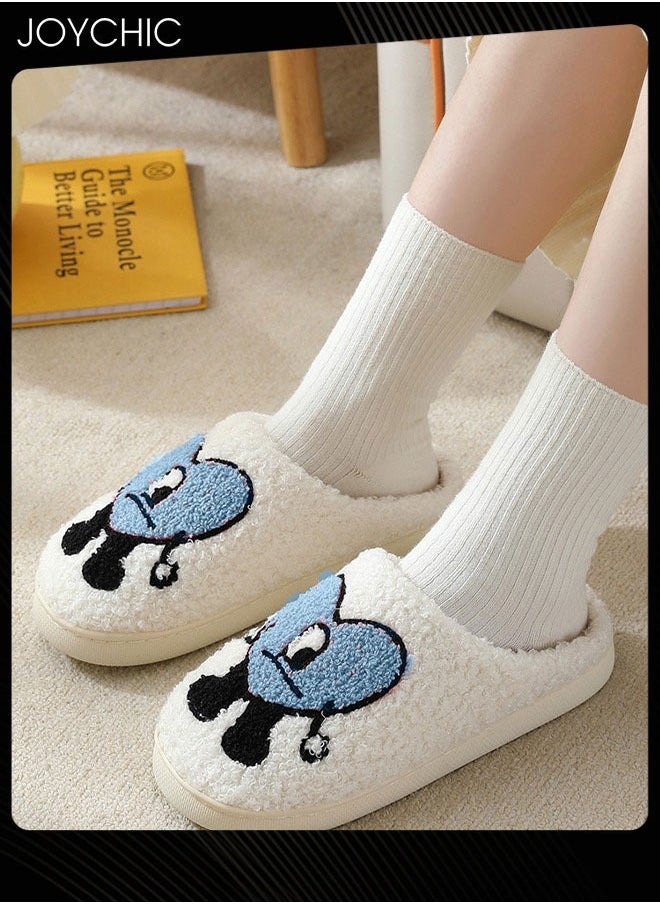 Joychic - Lovely Cartoon Embroidery Warm Indoor Bedroom Slides Autumn and Winter Women Men Couple Flat Household Slippers with Love Pattern White+Blue - Image 1