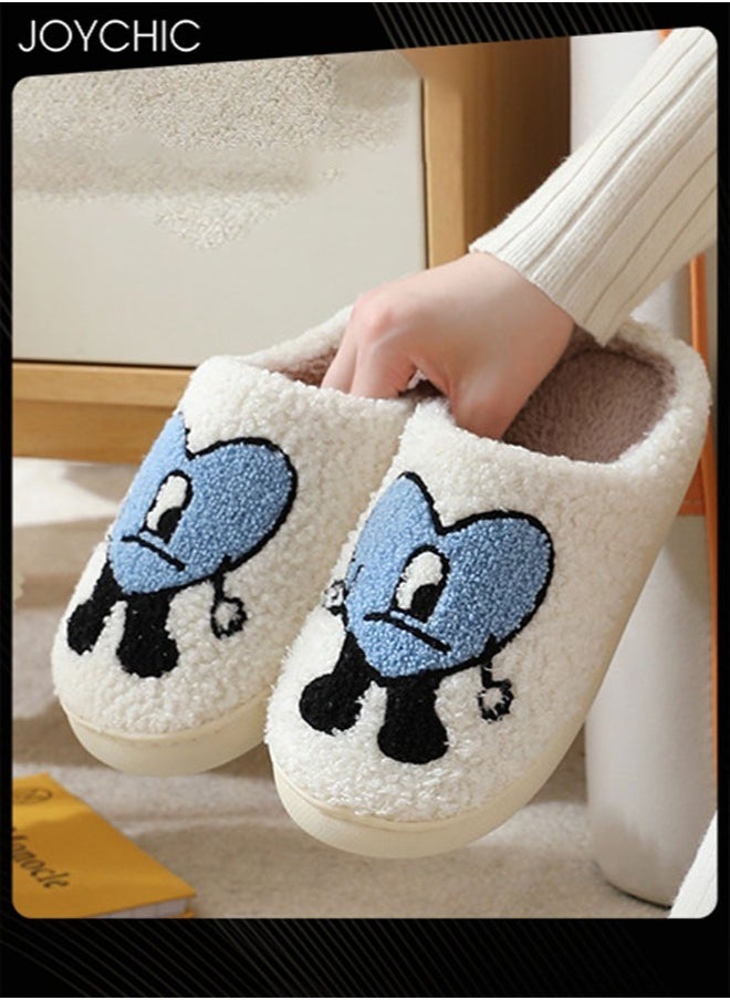 Joychic - Lovely Cartoon Embroidery Warm Indoor Bedroom Slides Autumn and Winter Women Men Couple Flat Household Slippers with Love Pattern White+Blue - Image 1