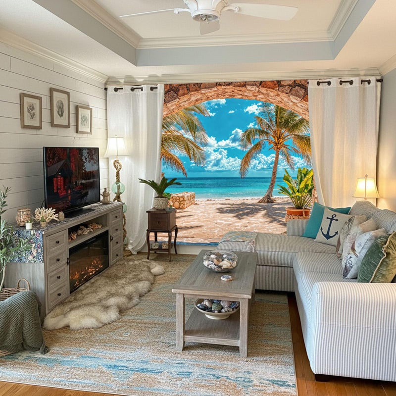 Lifeella Beach Landscape Window Tapestry, Tropic Ocean Palm Tree Seaside Wall Backdrop, Summer Mural for Living Room Bedroom Office Decor, 36x48 inches - Image 2