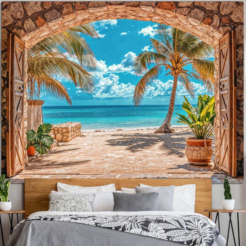 Lifeella Beach Landscape Window Tapestry, Tropic Ocean Palm Tree Seaside Wall Backdrop, Summer Mural for Living Room Bedroom Office Decor, 36x48 inches - Image 3