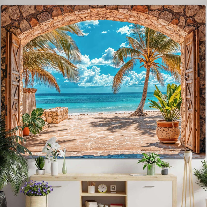Lifeella Beach Landscape Window Tapestry, Tropic Ocean Palm Tree Seaside Wall Backdrop, Summer Mural for Living Room Bedroom Office Decor, 36x48 inches - Image 1