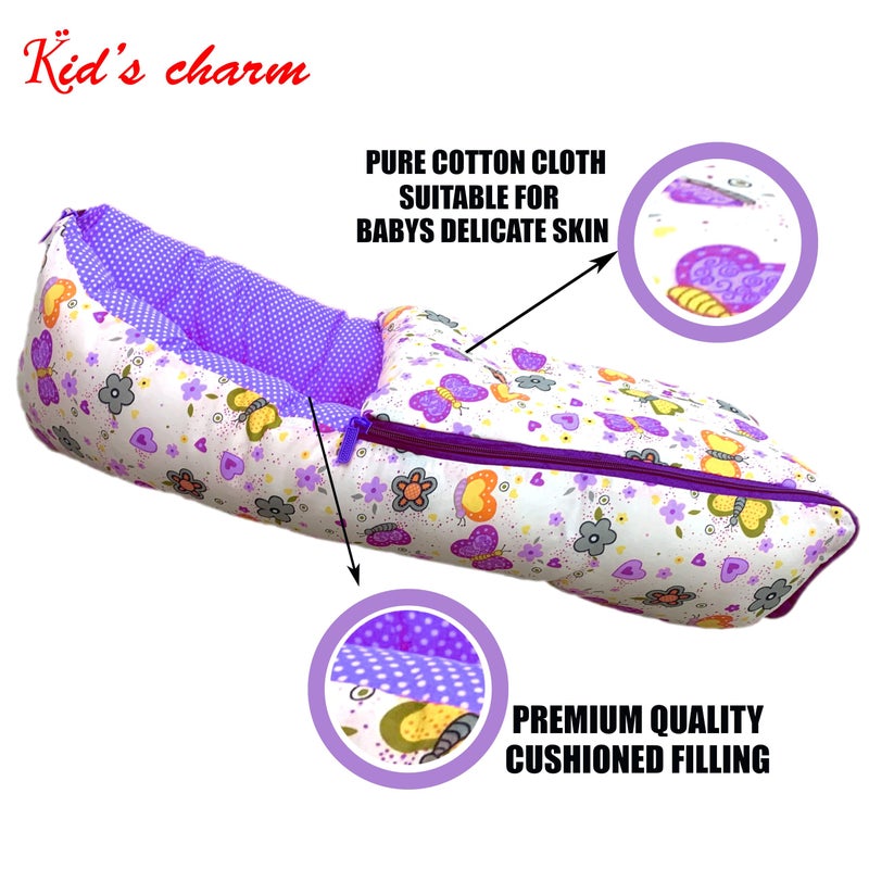 Kid's Charm حقيبة نوم الأطفال الساحرة على شكل فراشة 3 في 1 من القطن للأطفال - سرير محمول - حقيبة نوم مطبوعة للأطفال - سرير للأطفال - محمولة للرضع للجنسين خفيفة الوزن وسهلة الحمل للمواليد من 4-8 أشهر (بنفسجي) - Image 4