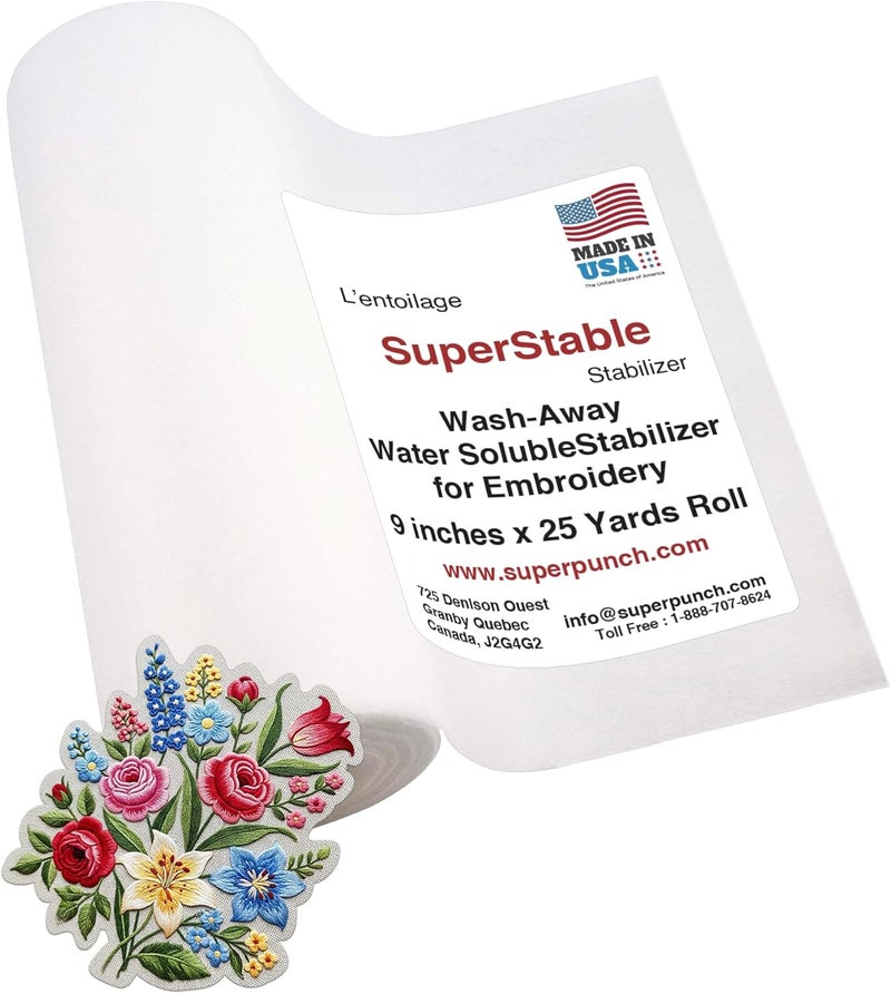 Superpunch Wash-Away Water Soluble Stabilizer for Embroidery - 9 inch x 25 Yard Roll, Fabric Stabilizer, Embroidery Backing & Cut Away Stabilizers - SuperStable Machine & Hand Sewing - Made in USA - Image 1