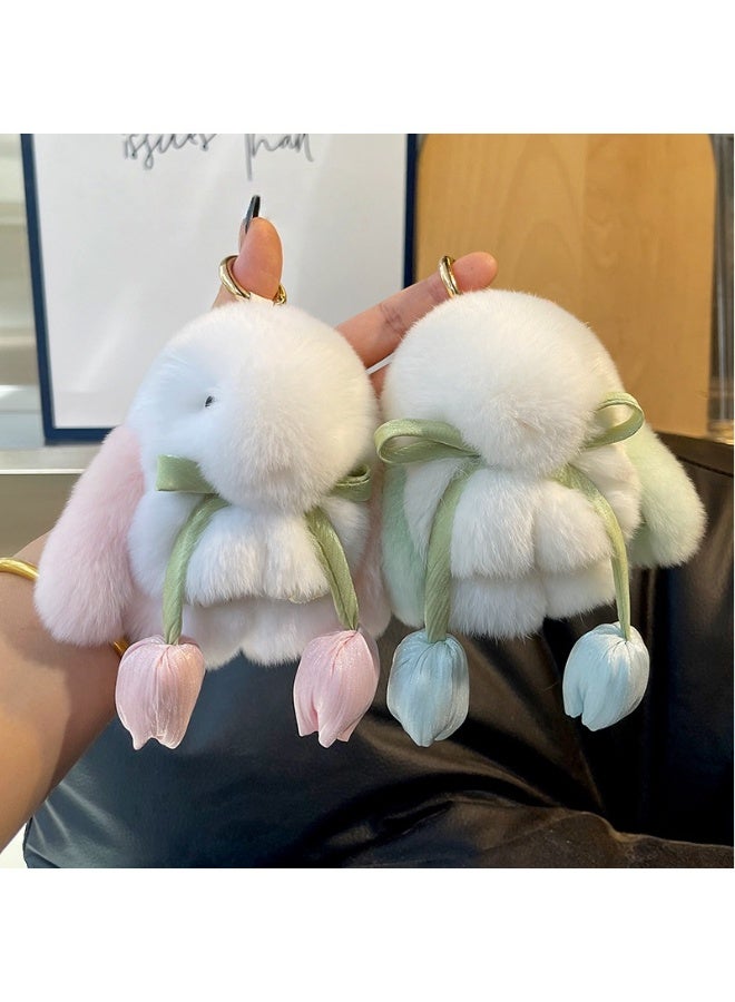 Soft Cute Rabbit Fur Pom Pom Keychain Fluffy Real Rex Bunny Keychain Decoration - Image 4