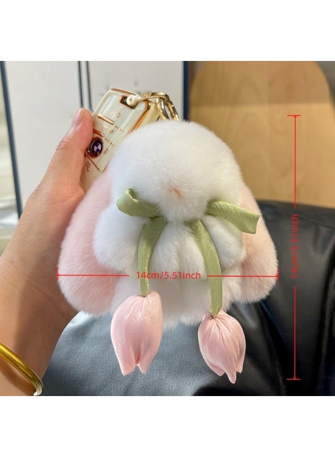 Soft Cute Rabbit Fur Pom Pom Keychain Fluffy Real Rex Bunny Keychain Decoration - Image 2