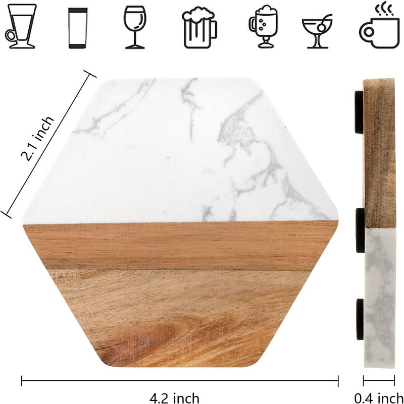 ZENFUN Set of 6 Marble Wood Coaster, Hexagon Geometric Coasters, Handcrafted Marble Coasters Set for Your Drinks and Beverages, Tea, Coffee, Wine/Bar Glasses, Tabletop Protection Helper - Image 2