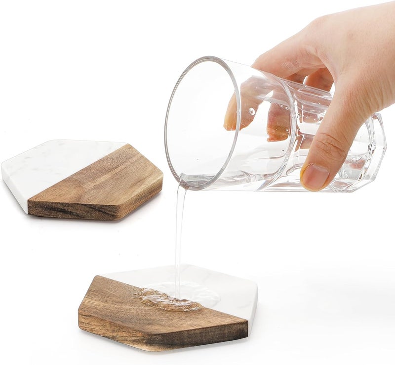 ZENFUN Set of 6 Marble Wood Coaster, Hexagon Geometric Coasters, Handcrafted Marble Coasters Set for Your Drinks and Beverages, Tea, Coffee, Wine/Bar Glasses, Tabletop Protection Helper - Image 4