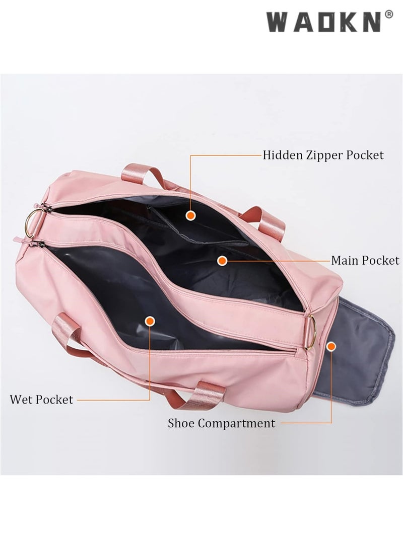 WAOKN Sports Gym Bag for Men Women，Travel Duffel Bag with Shoes Compartment and Wet Pocket for Plane，Sport Gym Tote Bags Swimming Yoga,Waterproof Weekend Overnight Bag Carry on Bag,Gym Bag Dry Wet Separated, Waterproof Sport Duffle Bag with Shoes Compartment for Sport, Yoga, Travel, Fitness, Overnight Weekend with Shoulder Strap (Pink)  - Image 4